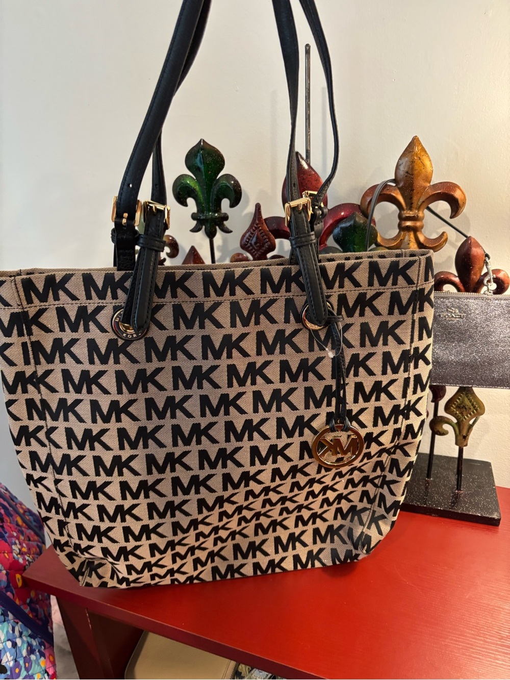 Michael Kors Black Logo Print Tote with Black Straps